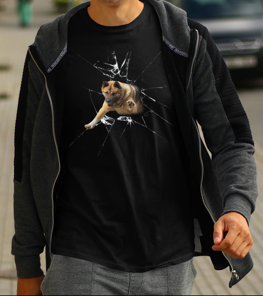 Akita Broke The Glass Dog Breaking Through Shattered Window T-Shirt