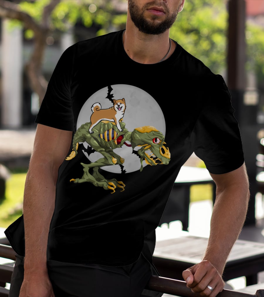Akita Riding Dinosaur Skeleton Under Full Moon With Bats T-Shirt