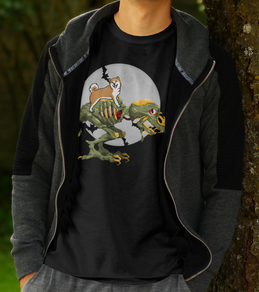 Akita Riding Dinosaur Skeleton Under Full Moon With Bats T-Shirt