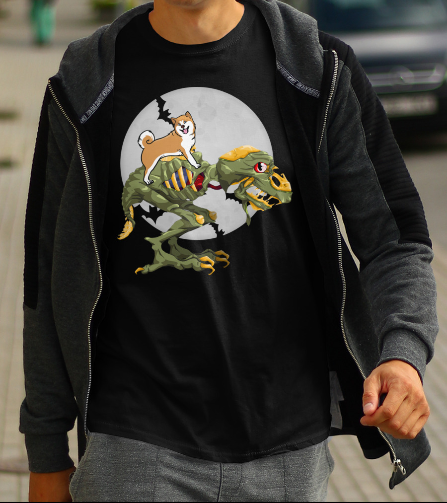 Akita Riding Dinosaur Skeleton Under Full Moon With Bats T-Shirt