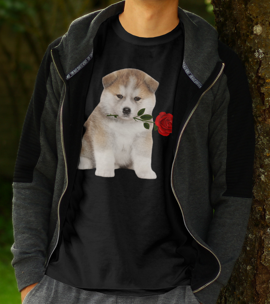 Akita Puppy Holding Red Rose T-Shirt