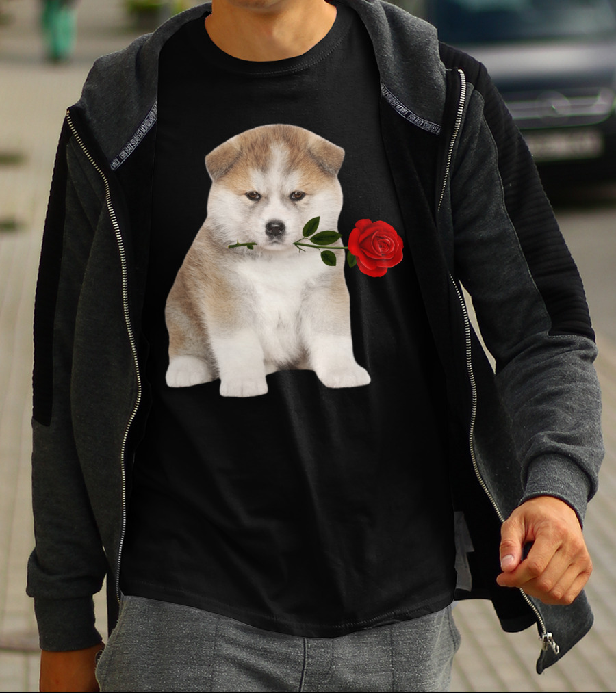 Akita Puppy Holding Red Rose T-Shirt