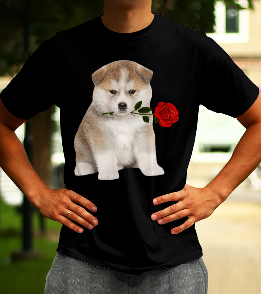 Akita Puppy Holding Red Rose T-Shirt