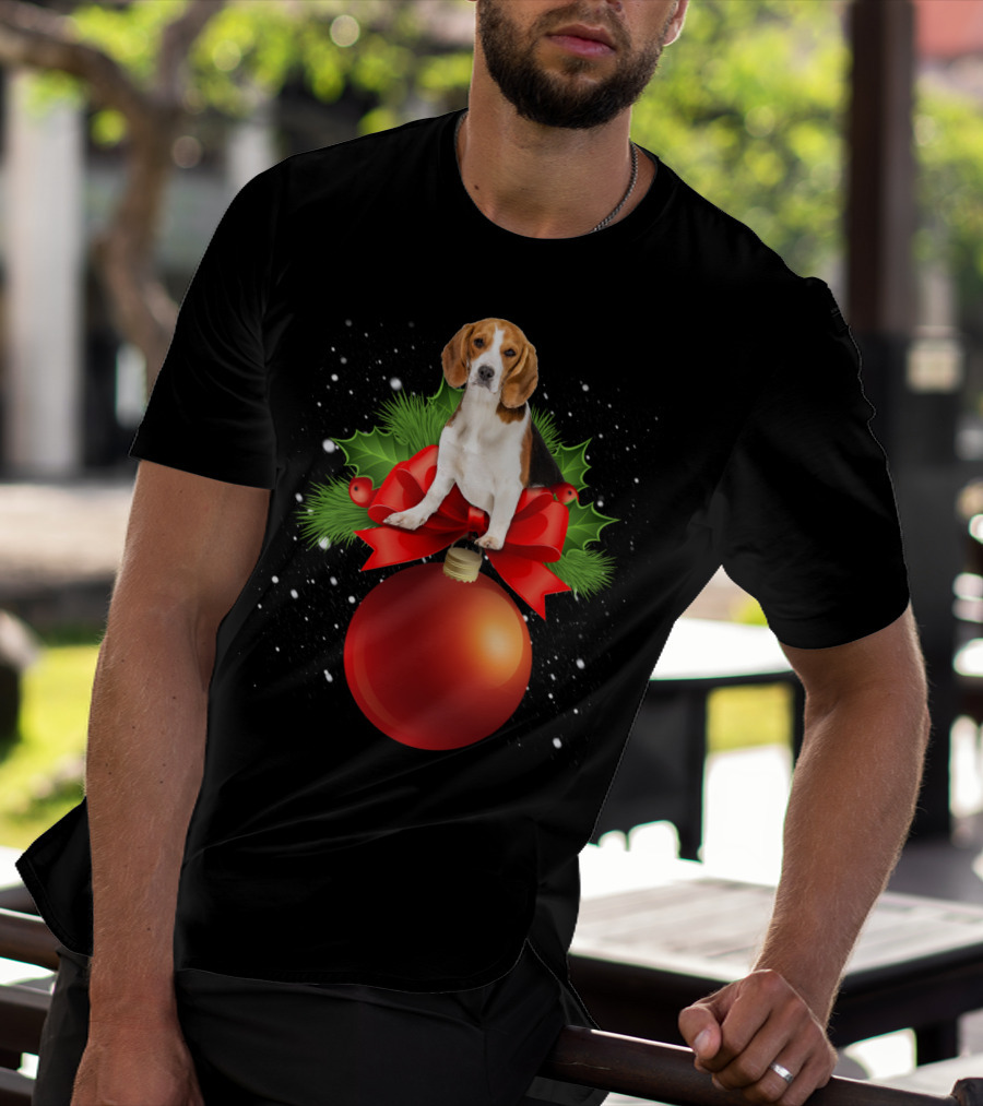 Beagle Red Christmas Ornament With Holly And Snowflakes T-Shirt
