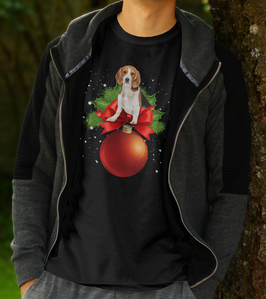 Beagle Red Christmas Ornament With Holly And Snowflakes T-Shirt