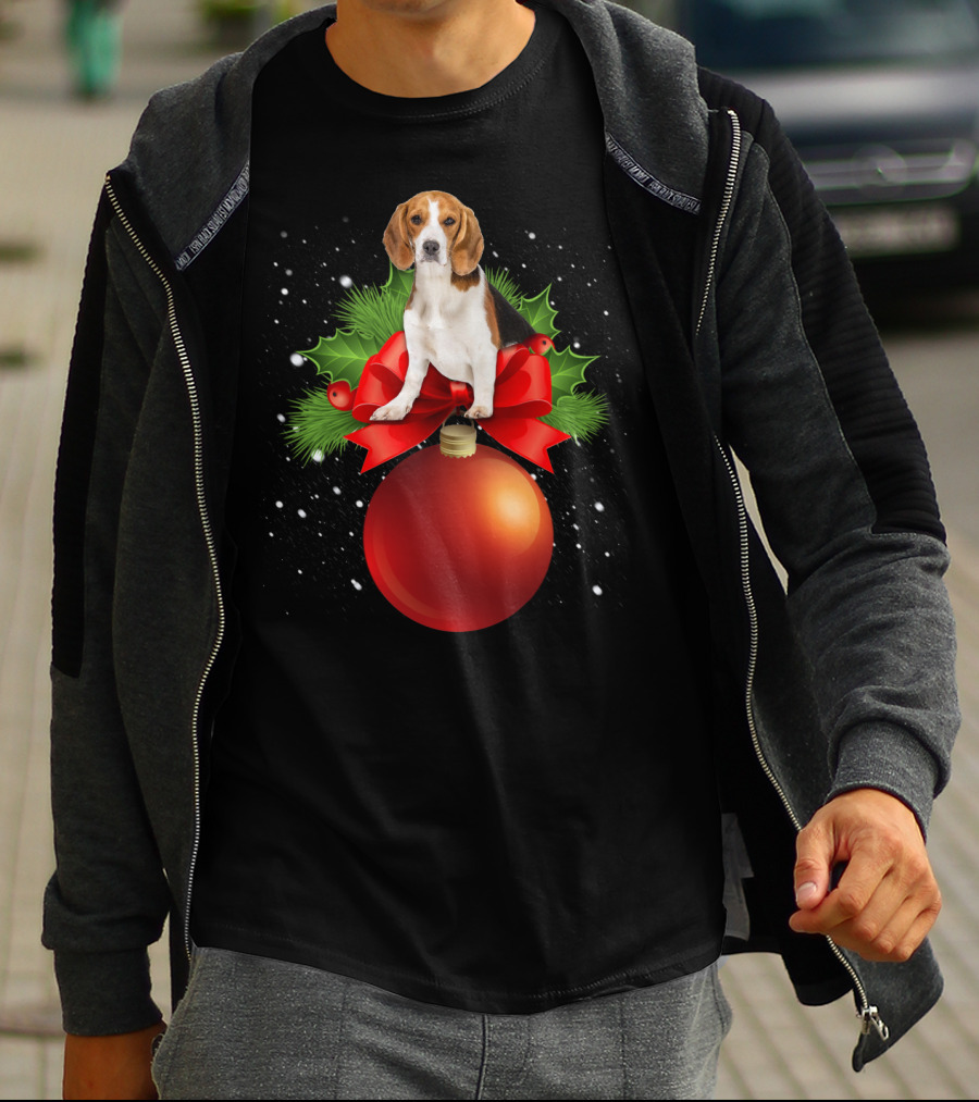 Beagle Red Christmas Ornament With Holly And Snowflakes T-Shirt