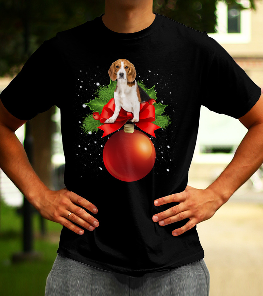Beagle Red Christmas Ornament With Holly And Snowflakes T-Shirt