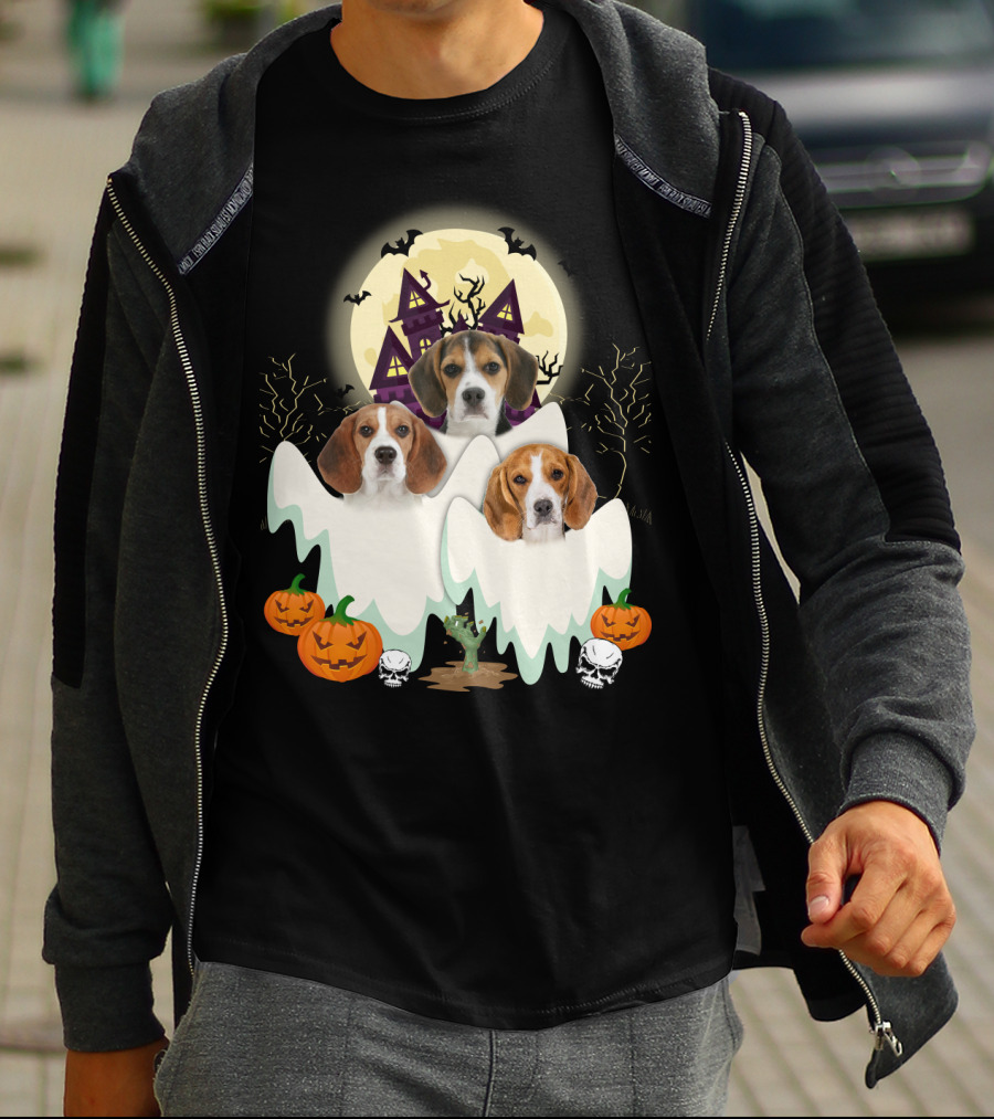 Beagle Halloween Ghosts Haunted House Pumpkins Bats Moon T-Shirt