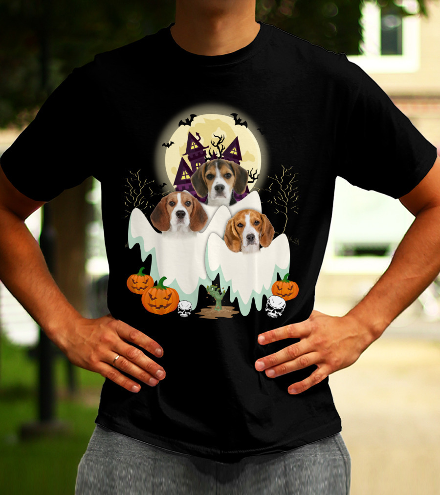 Beagle Halloween Ghosts Haunted House Pumpkins Bats Moon T-Shirt