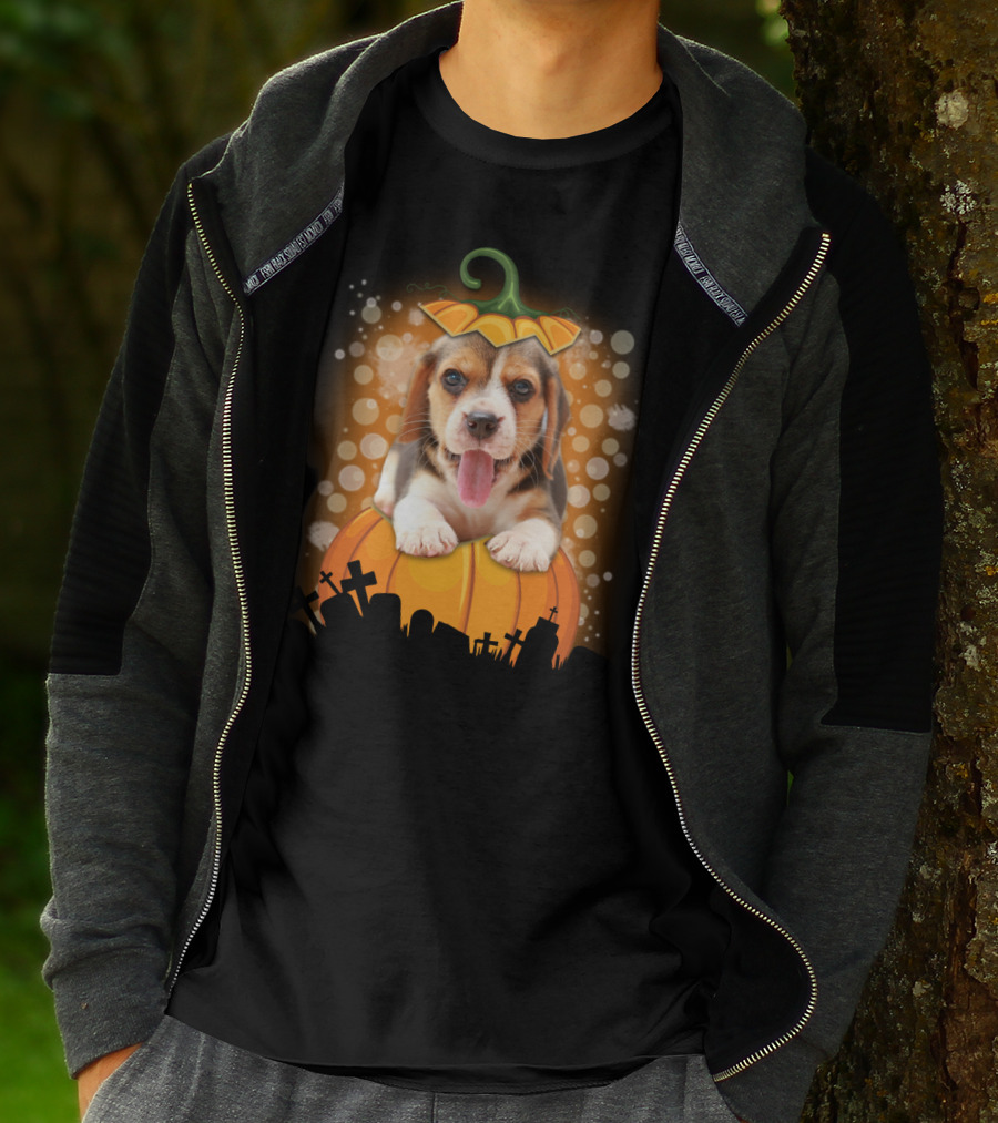 Beagle Puppy On Halloween Pumpkin Graveyard Scene T-Shirt