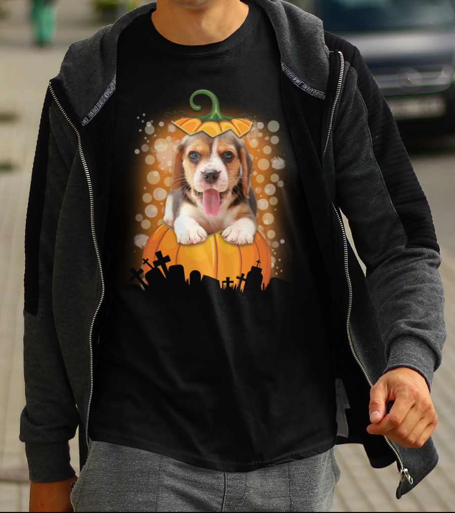 Beagle Puppy On Halloween Pumpkin Graveyard Scene T-Shirt