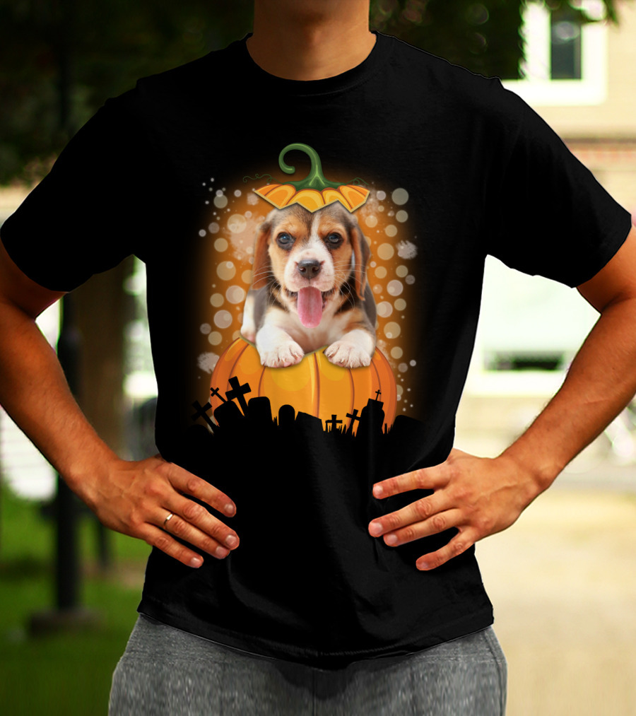 Beagle Puppy On Halloween Pumpkin Graveyard Scene T-Shirt