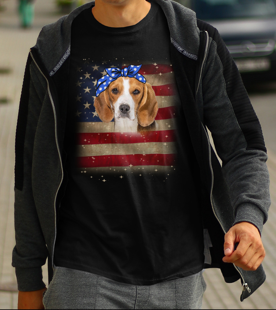 Beagle With Blue Polka Dot Bow On American Flag Background T-Shirt