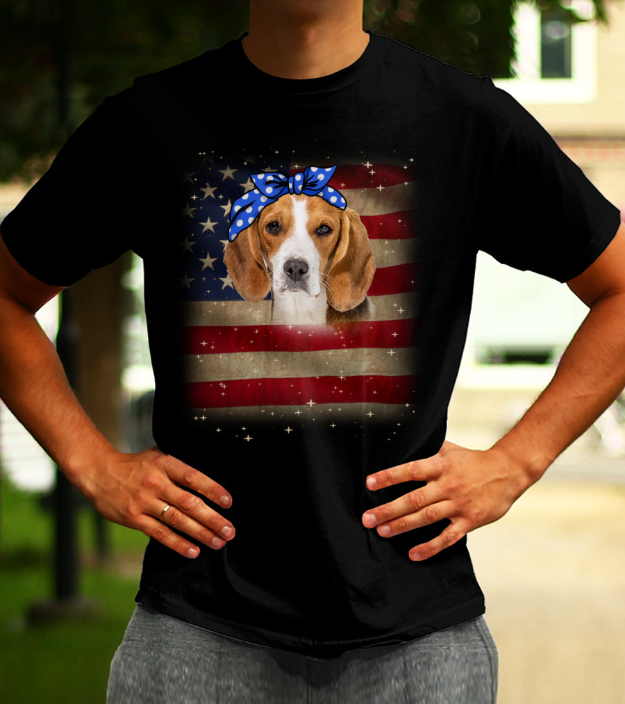Beagle With Blue Polka Dot Bow On American Flag Background T-Shirt