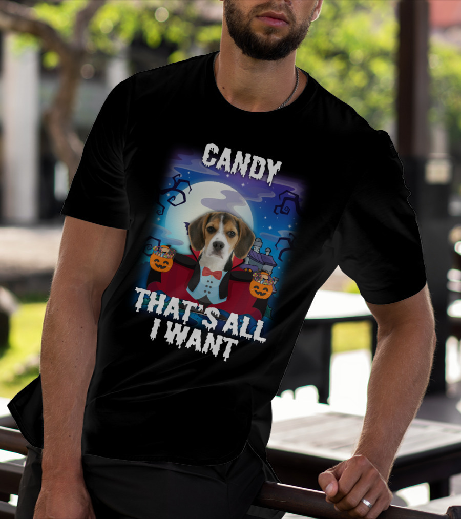 Candy Beagle Halloween Moonlit Mansion With Pumpkins T-Shirt