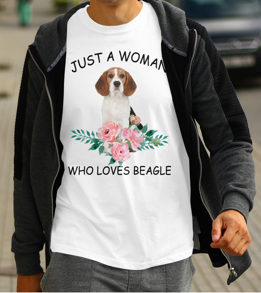 Just A Woman Who Loves Beagle With Pink Flowers T-Shirt