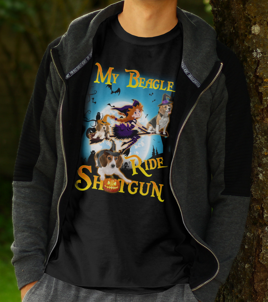 My Beagle Ride Shotgun Witch Halloween Beagle Bats Moon Jack O Lantern T-Shirt