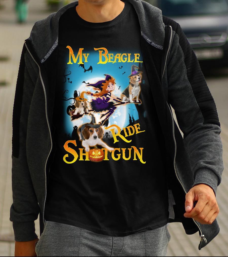 My Beagle Ride Shotgun Witch Halloween Beagle Bats Moon Jack O Lantern T-Shirt