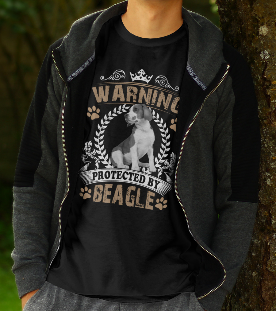 Warning Protected By Beagle Dog With Crown And Laurel Wreath T-Shirt