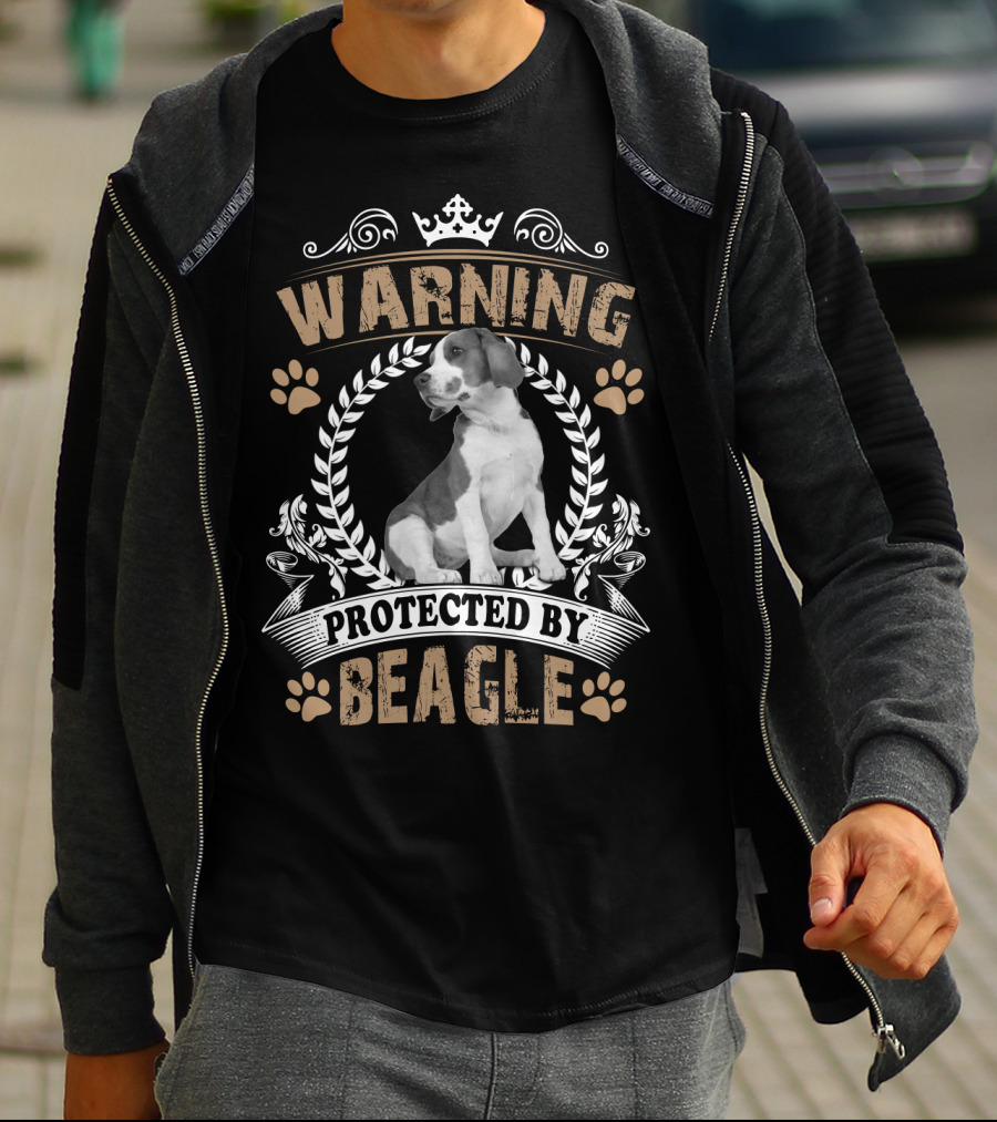 Warning Protected By Beagle Dog With Crown And Laurel Wreath T-Shirt