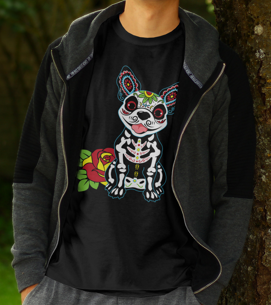Boston Terrier Sugar Skull With Red Rose Day Of The Dead T-Shirt