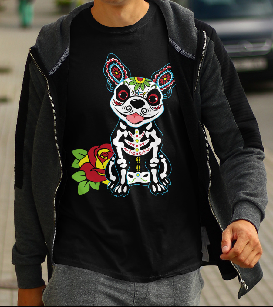 Boston Terrier Sugar Skull With Red Rose Day Of The Dead T-Shirt