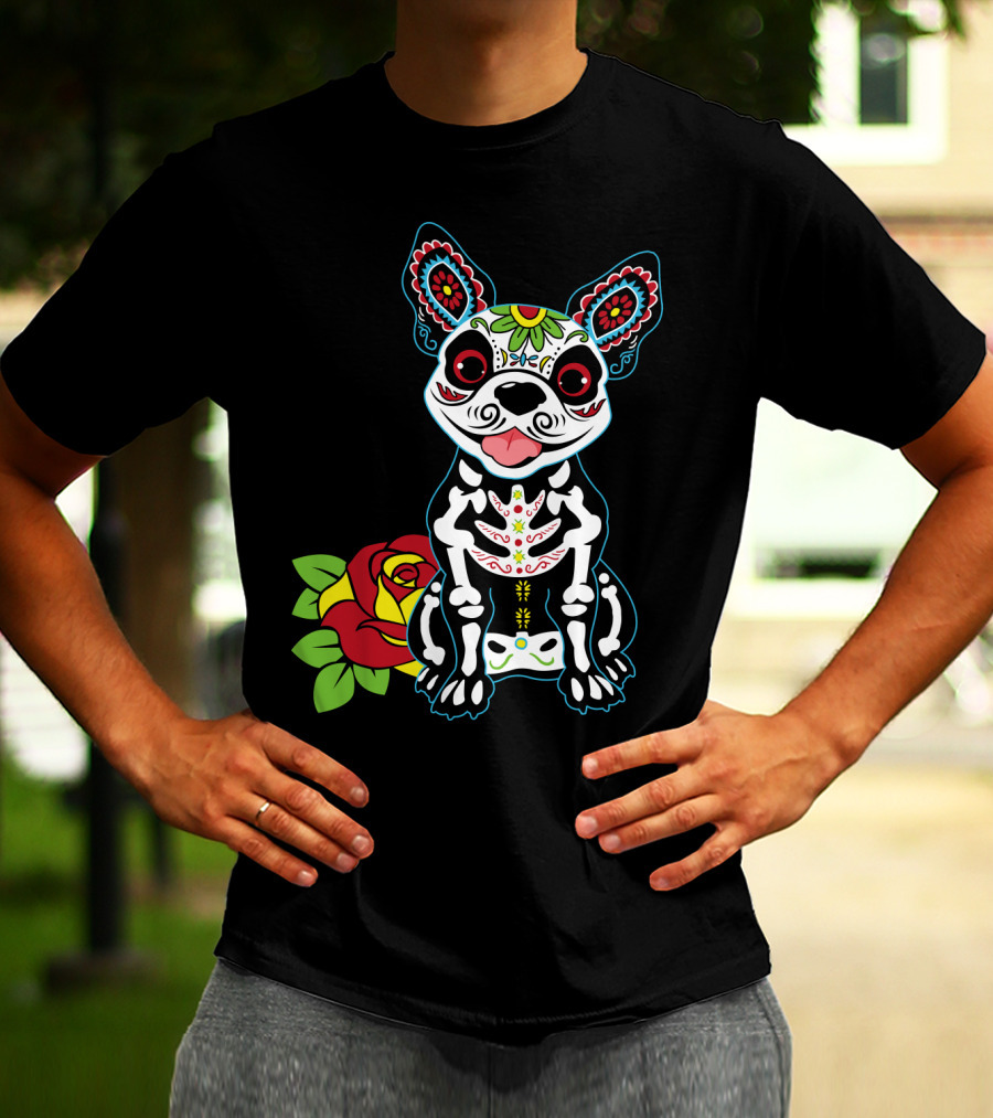 Boston Terrier Sugar Skull With Red Rose Day Of The Dead T-Shirt
