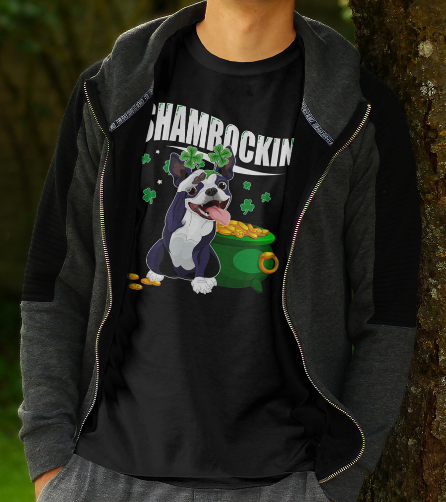 Shamrockin' Boston Terrier With Pot Of Gold And Clovers T-Shirt