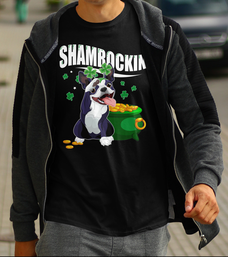 Shamrockin' Boston Terrier With Pot Of Gold And Clovers T-Shirt