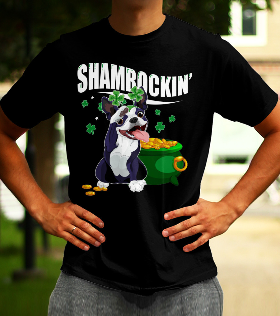 Shamrockin' Boston Terrier With Pot Of Gold And Clovers T-Shirt