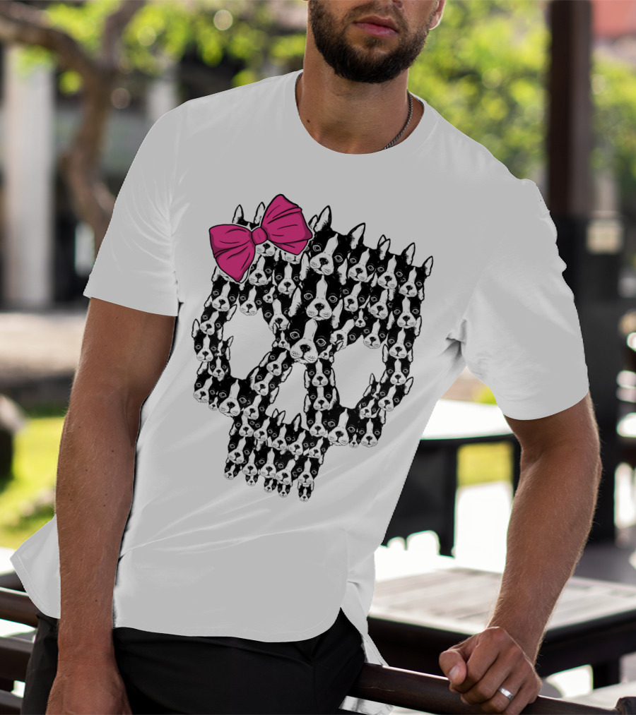 Boston Terrier Skull Pink Bow T-Shirt