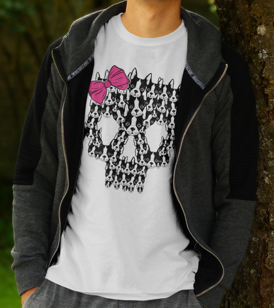 Boston Terrier Skull Pink Bow T-Shirt