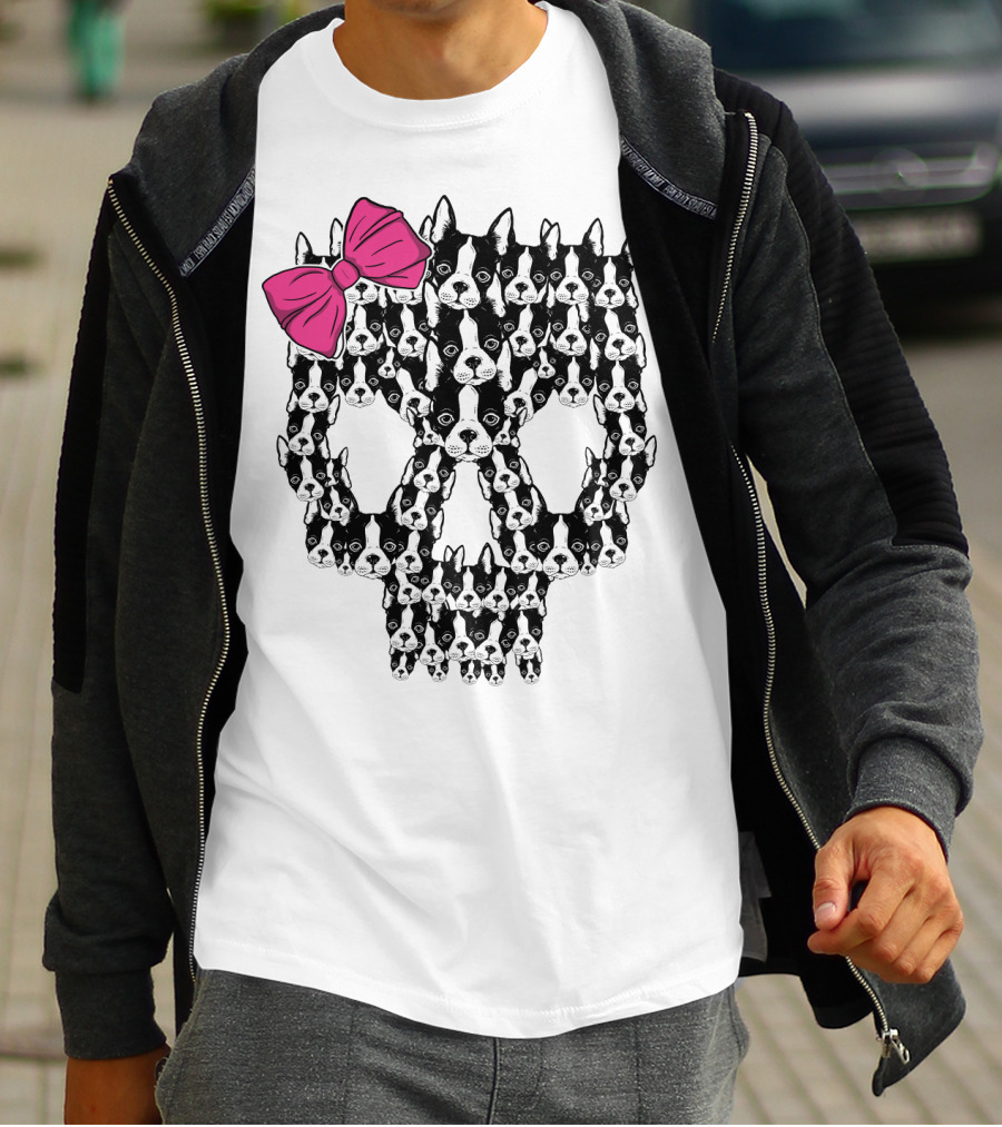 Boston Terrier Skull Pink Bow T-Shirt