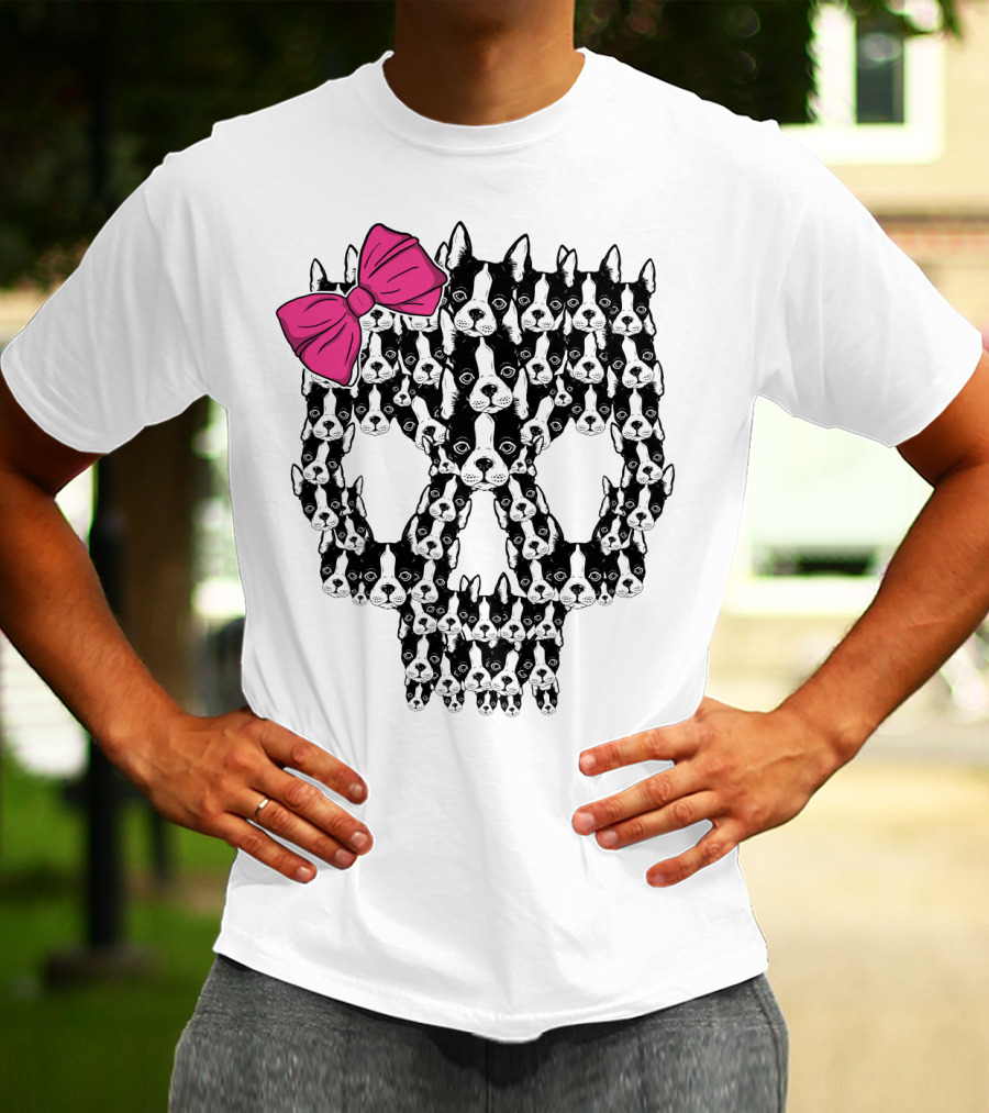 Boston Terrier Skull Pink Bow T-Shirt