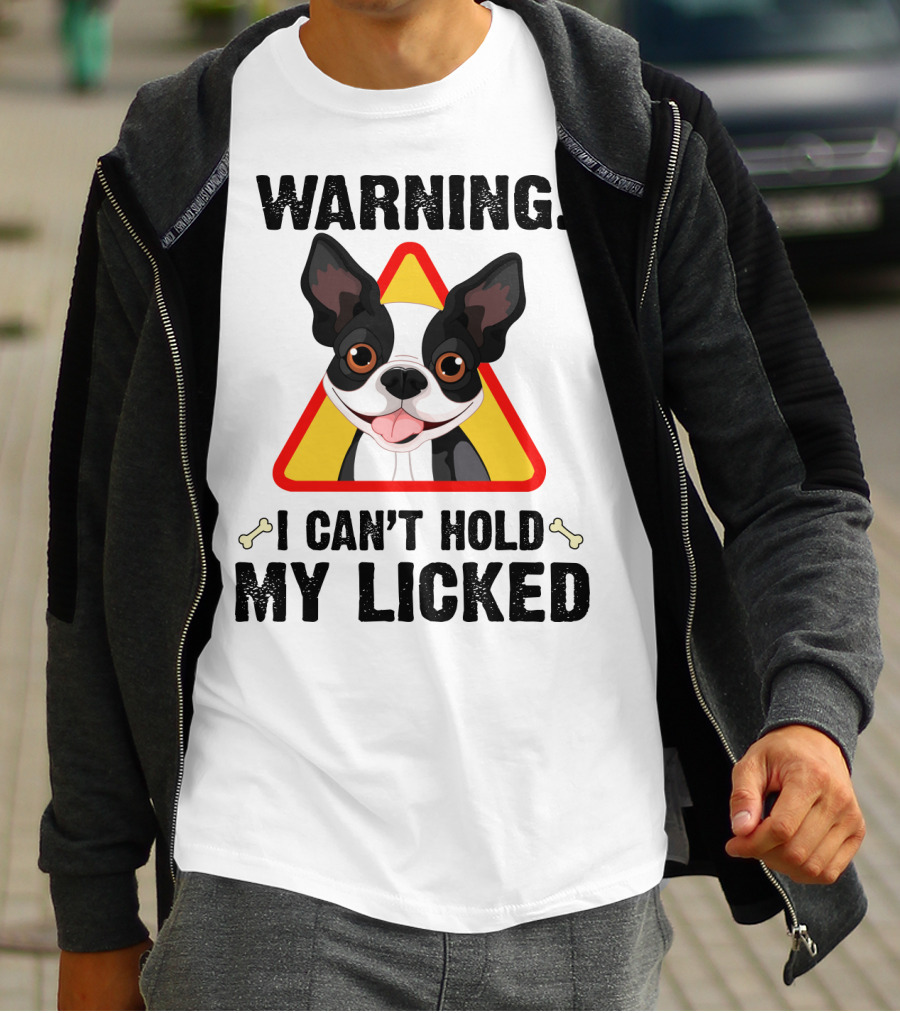 Warning I Can't Hold My Licked Cartoon Dog With Triangle And Bones T-Shirt