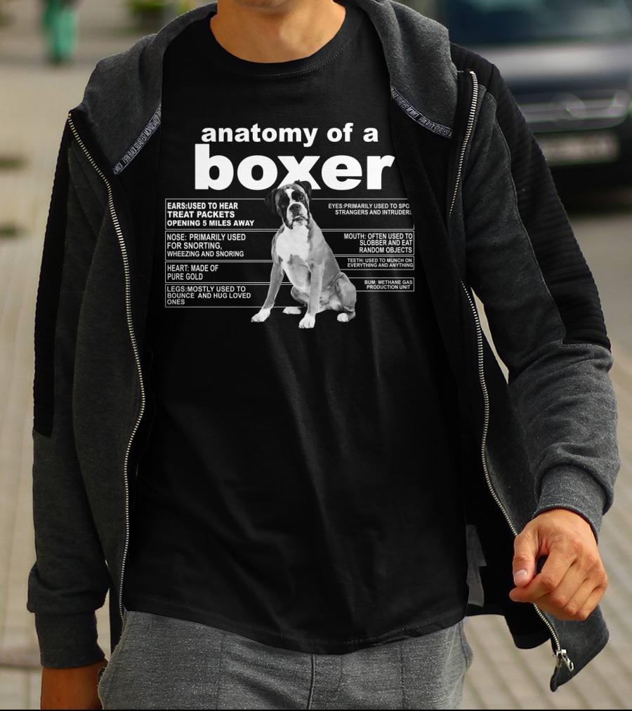 Anatomy Of A Boxer Ears Hear Treats Nose Snort Heart Gold Eyes Spot Mouth Slobber Feet Munch Bum Methane Production T-Shirt