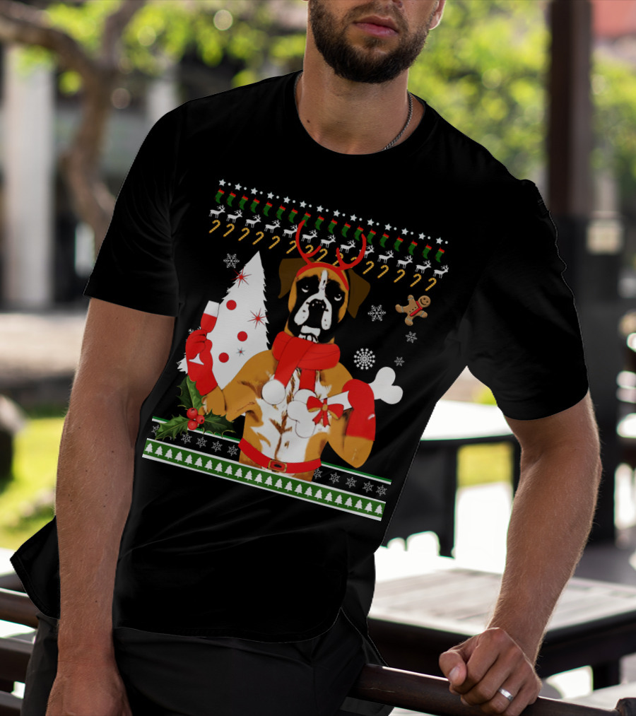 Boxer Dog Christmas Ugly Sweater Style With Reindeer Antlers And Festive Decorations T-Shirt