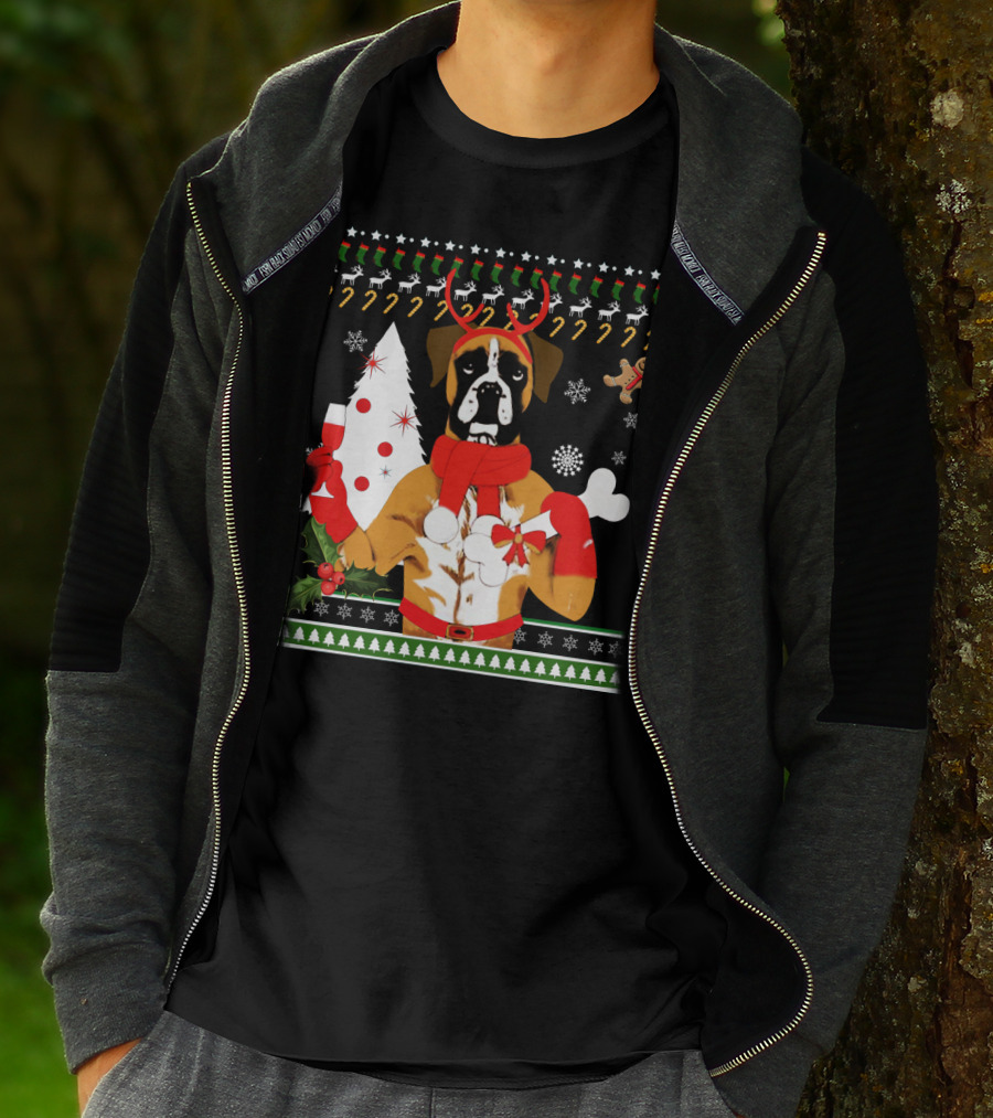 Boxer Dog Christmas Ugly Sweater Style With Reindeer Antlers And Festive Decorations T-Shirt