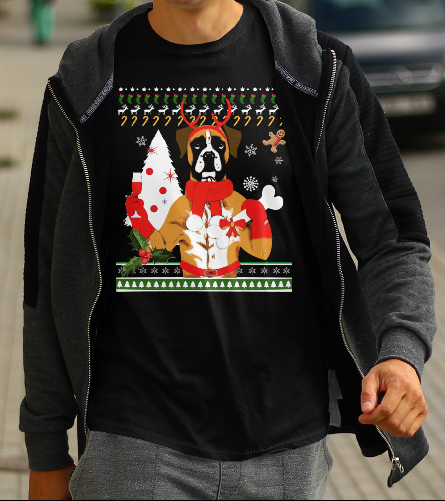 Boxer Dog Christmas Ugly Sweater Style With Reindeer Antlers And Festive Decorations T-Shirt