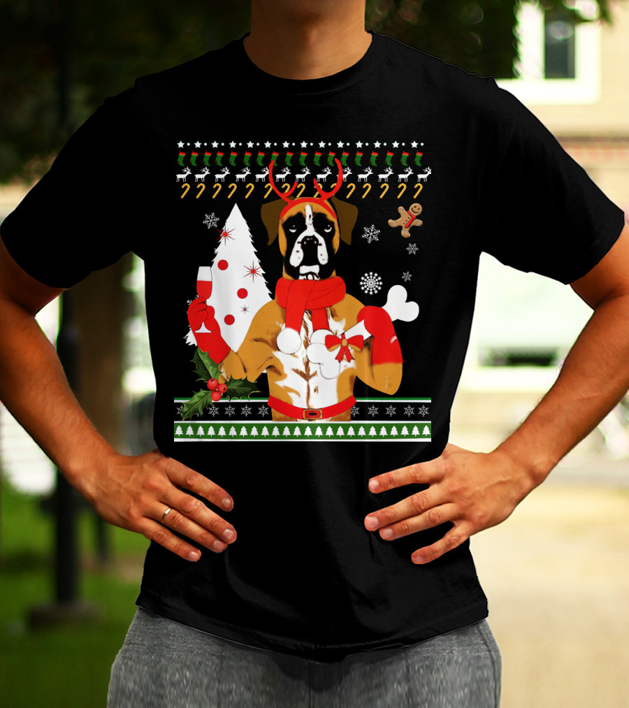 Boxer Dog Christmas Ugly Sweater Style With Reindeer Antlers And Festive Decorations T-Shirt