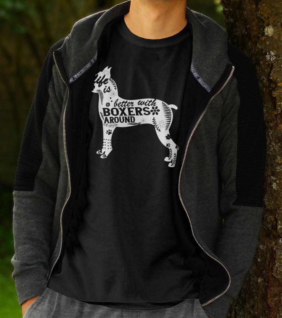 Life Is Better With Boxers Around Floral Dog Pawprint T-Shirt