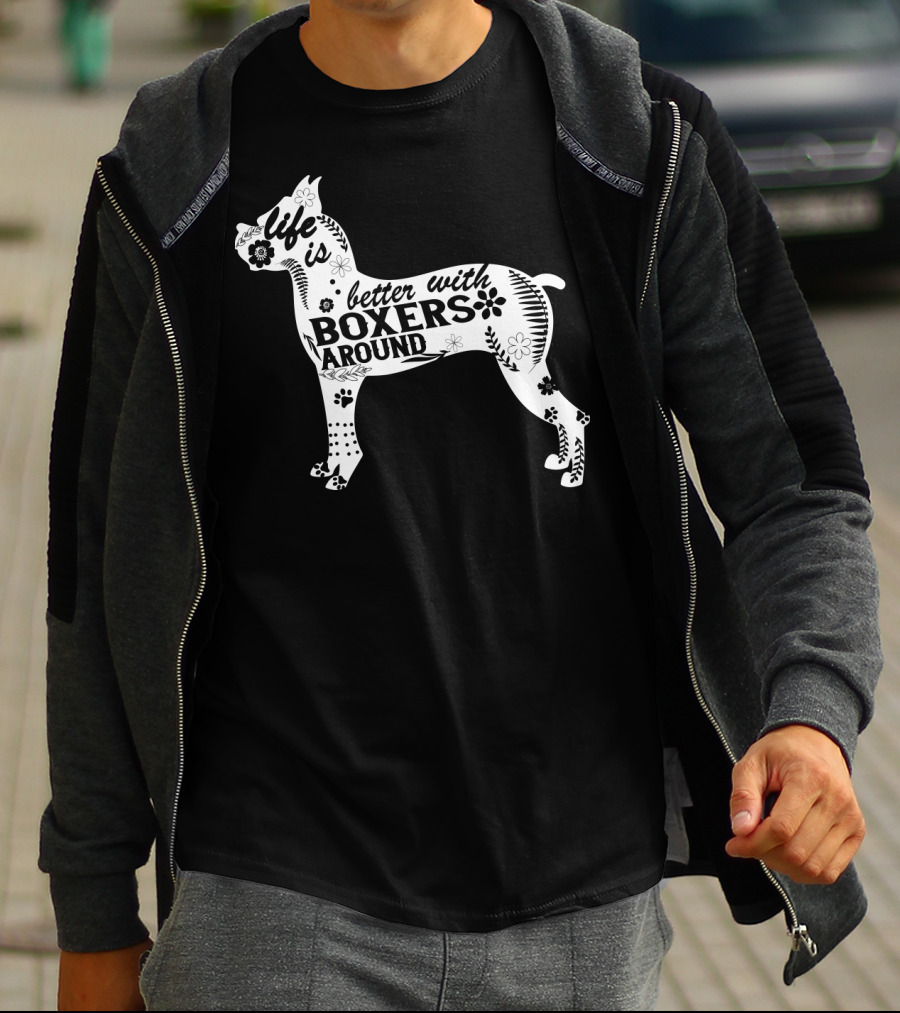 Life Is Better With Boxers Around Floral Dog Pawprint T-Shirt
