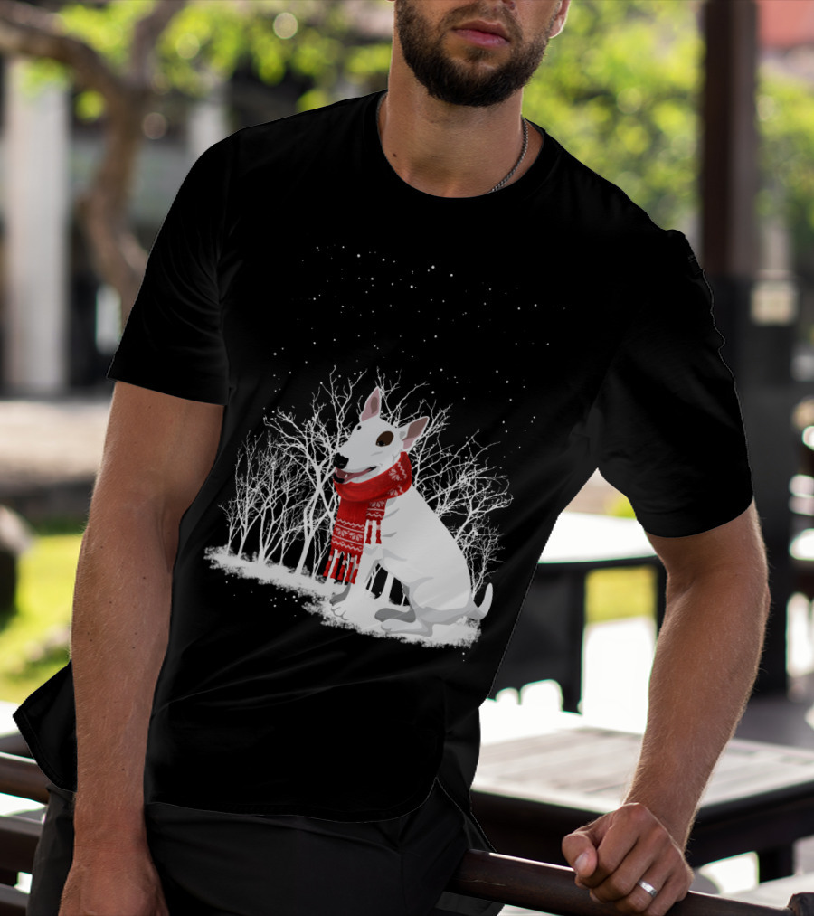 Winter Bullterrier Red Scarf Snowy Forest T-Shirt