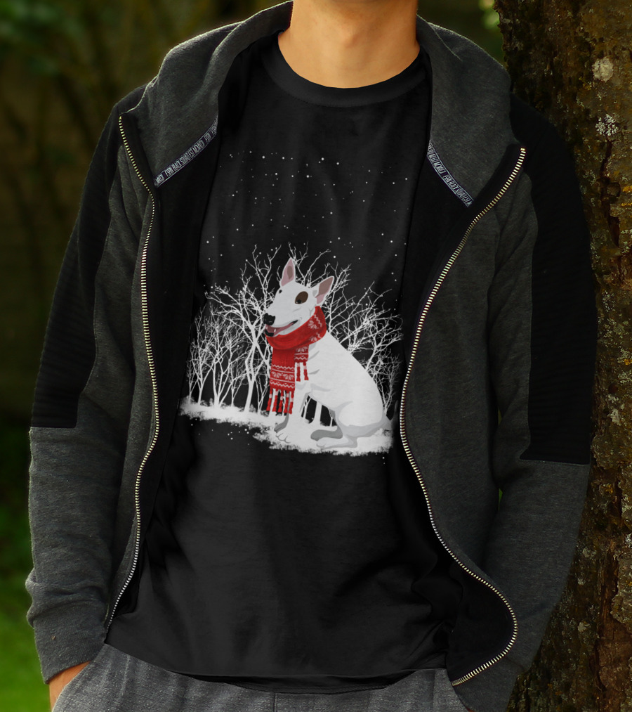 Winter Bullterrier Red Scarf Snowy Forest T-Shirt
