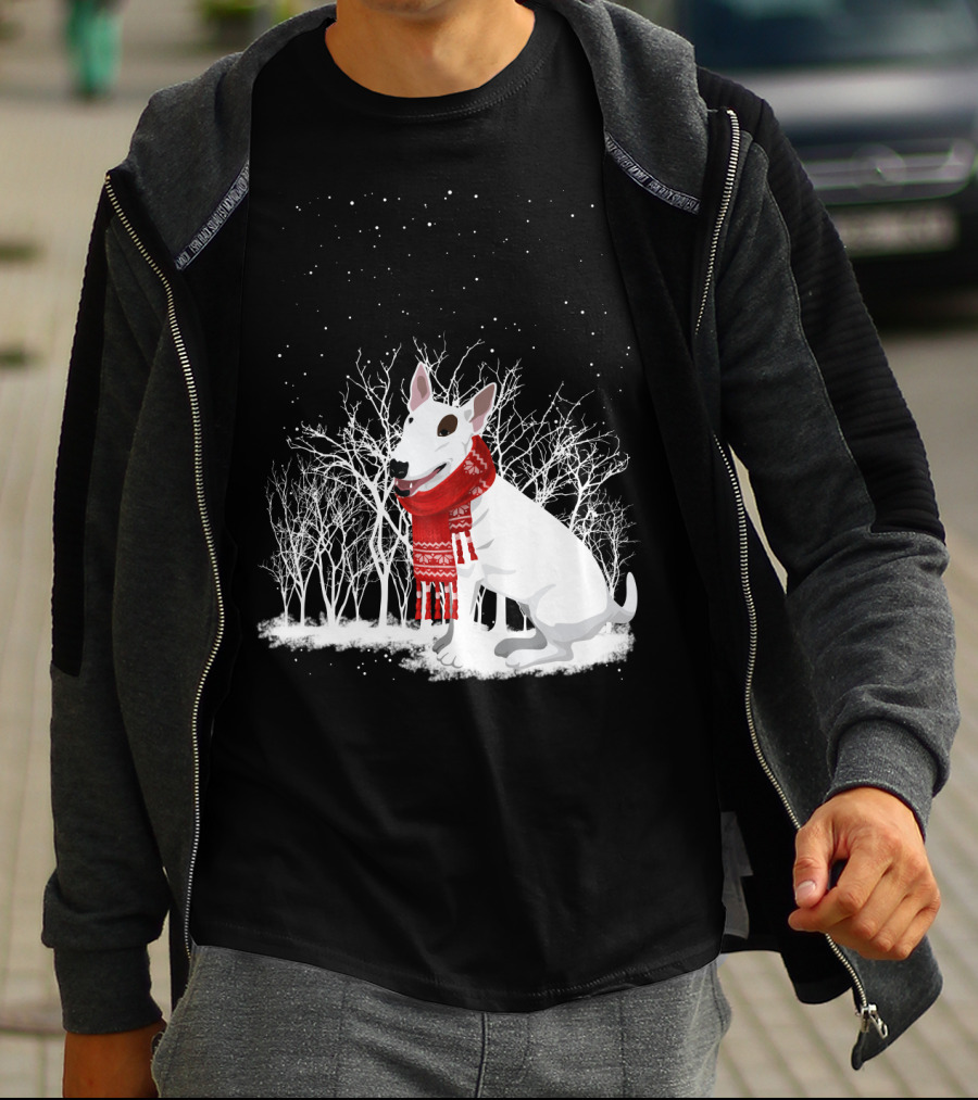Winter Bullterrier Red Scarf Snowy Forest T-Shirt