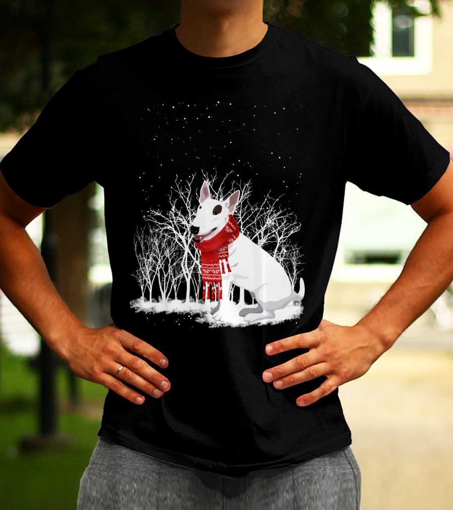 Winter Bullterrier Red Scarf Snowy Forest T-Shirt