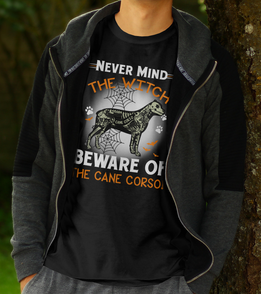Never Mind The Witch Beware Of The Cane Corso Halloween Dog Spiderwebs Bats Paw Prints T-Shirt