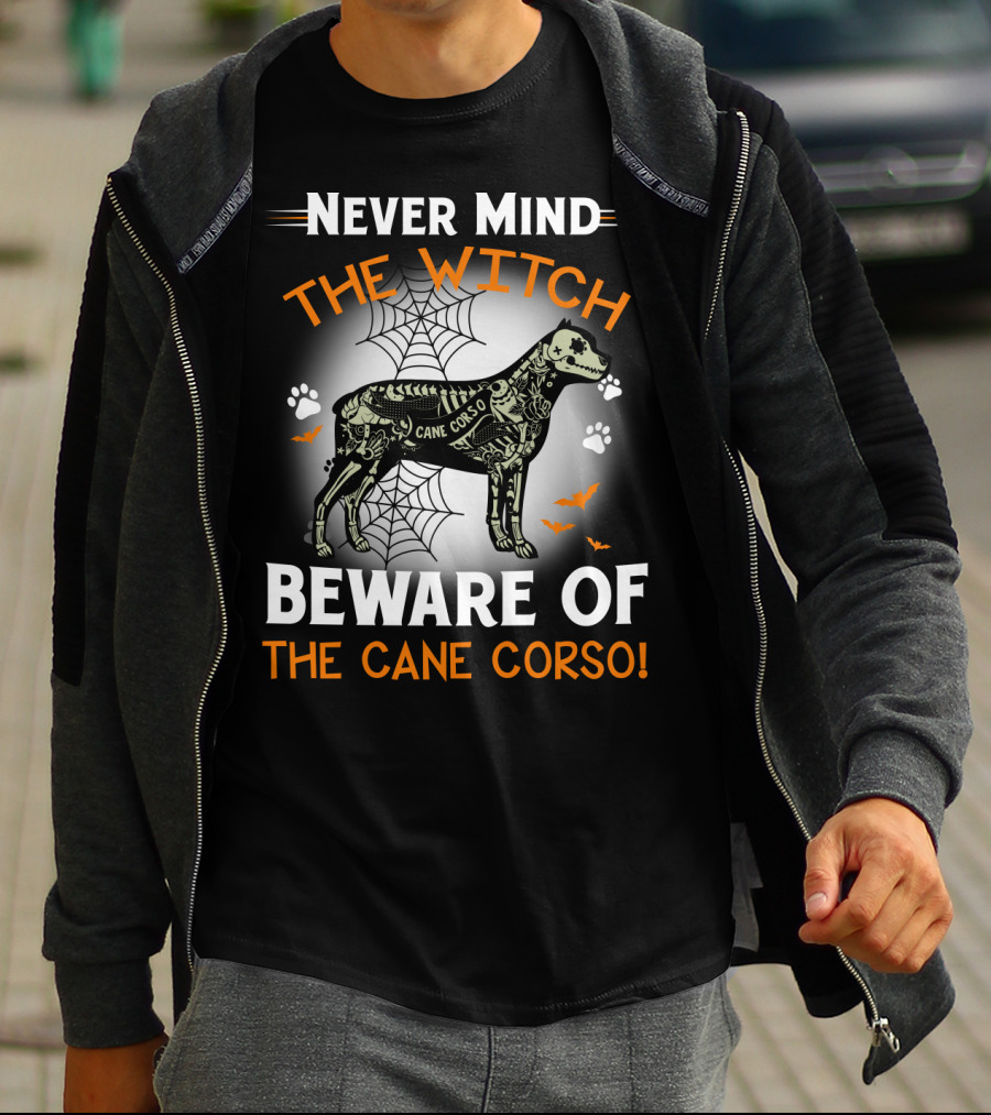 Never Mind The Witch Beware Of The Cane Corso Halloween Dog Spiderwebs Bats Paw Prints T-Shirt