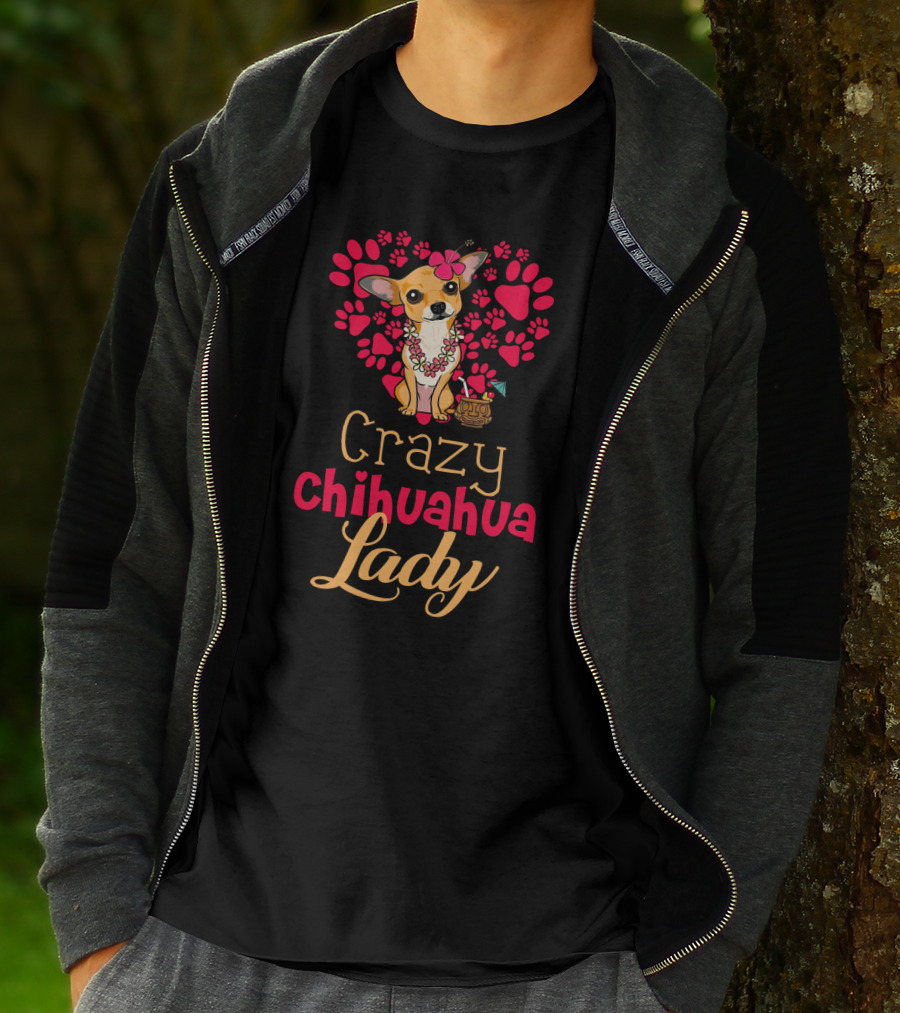 Crazy Chihuahua Lady With Floral Heart And Margarita Elements T-Shirt