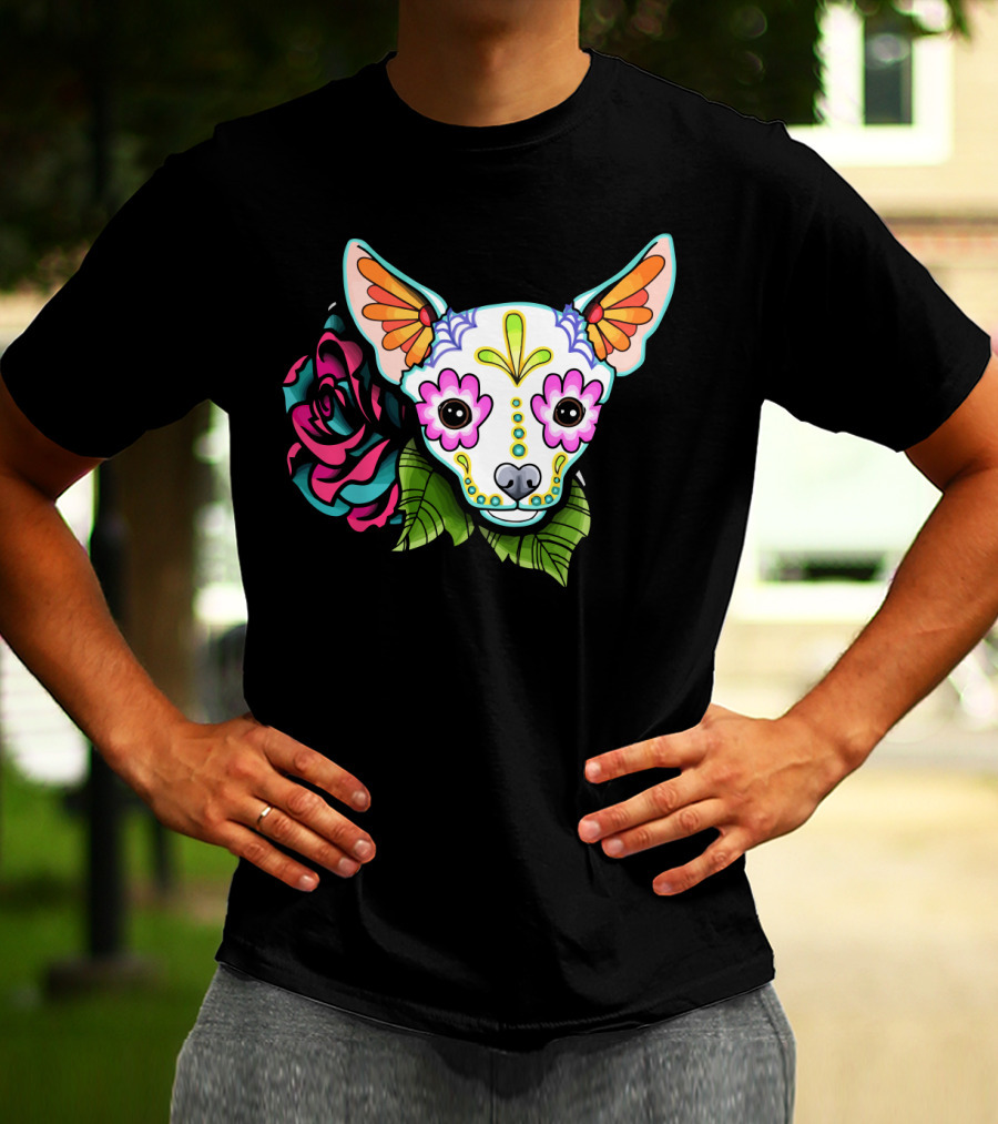 Dead Chihuahua Neon Sugar Skull Rose T-Shirt